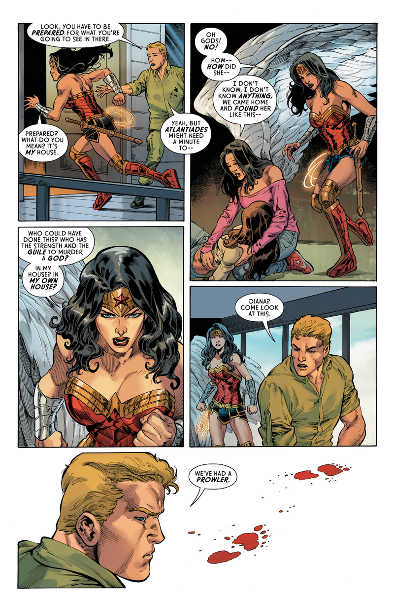Wonder Woman learning that someone’s been murdered in her home.